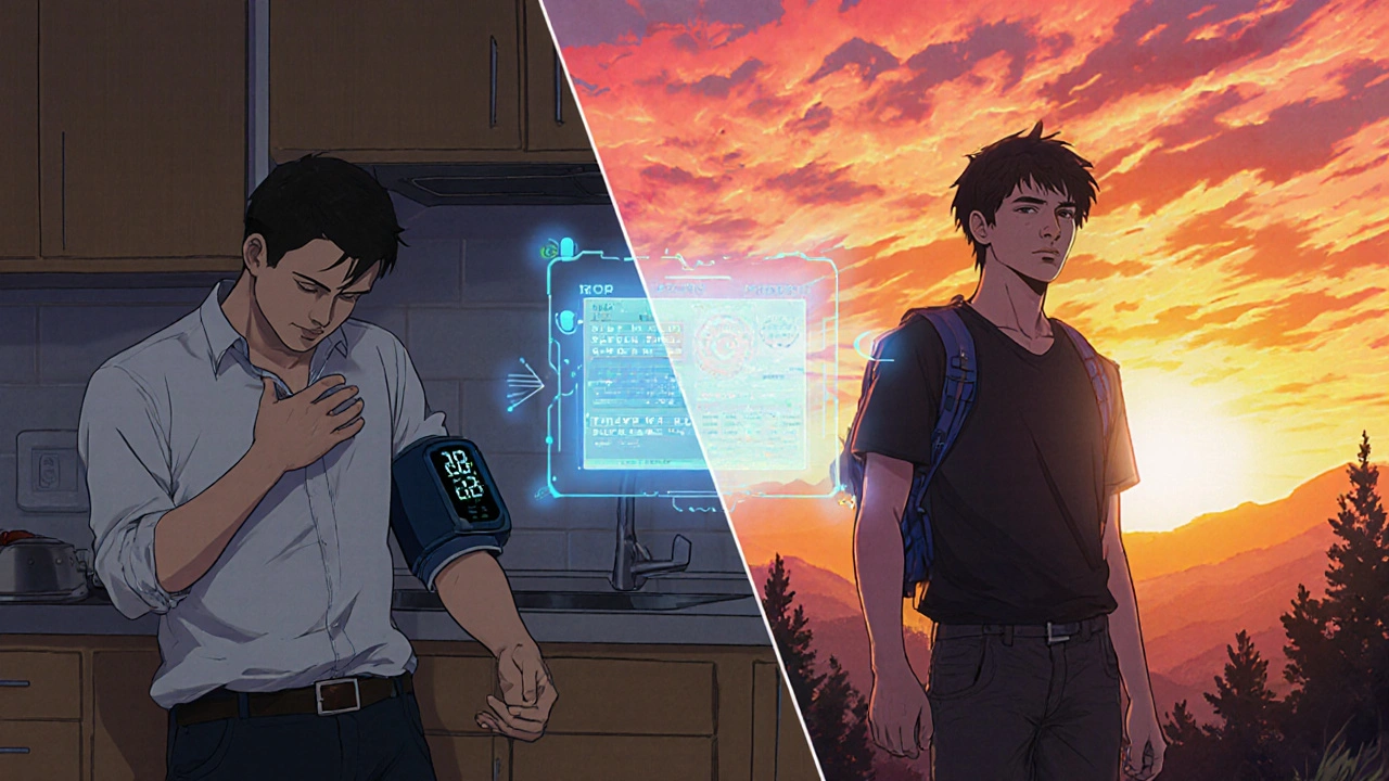 A man collapses from side effects on one side, healed and hiking on the other, with an AI health monitor floating nearby.