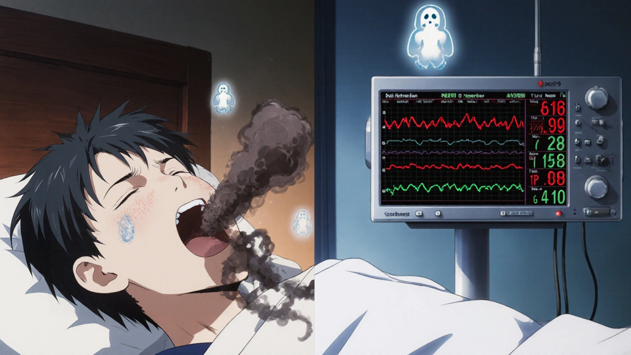 A medical monitor flashes red alerts as dark smoke blocks a sleeper&#039;s airway, showing alcohol&#039;s worsening of sleep apnea.