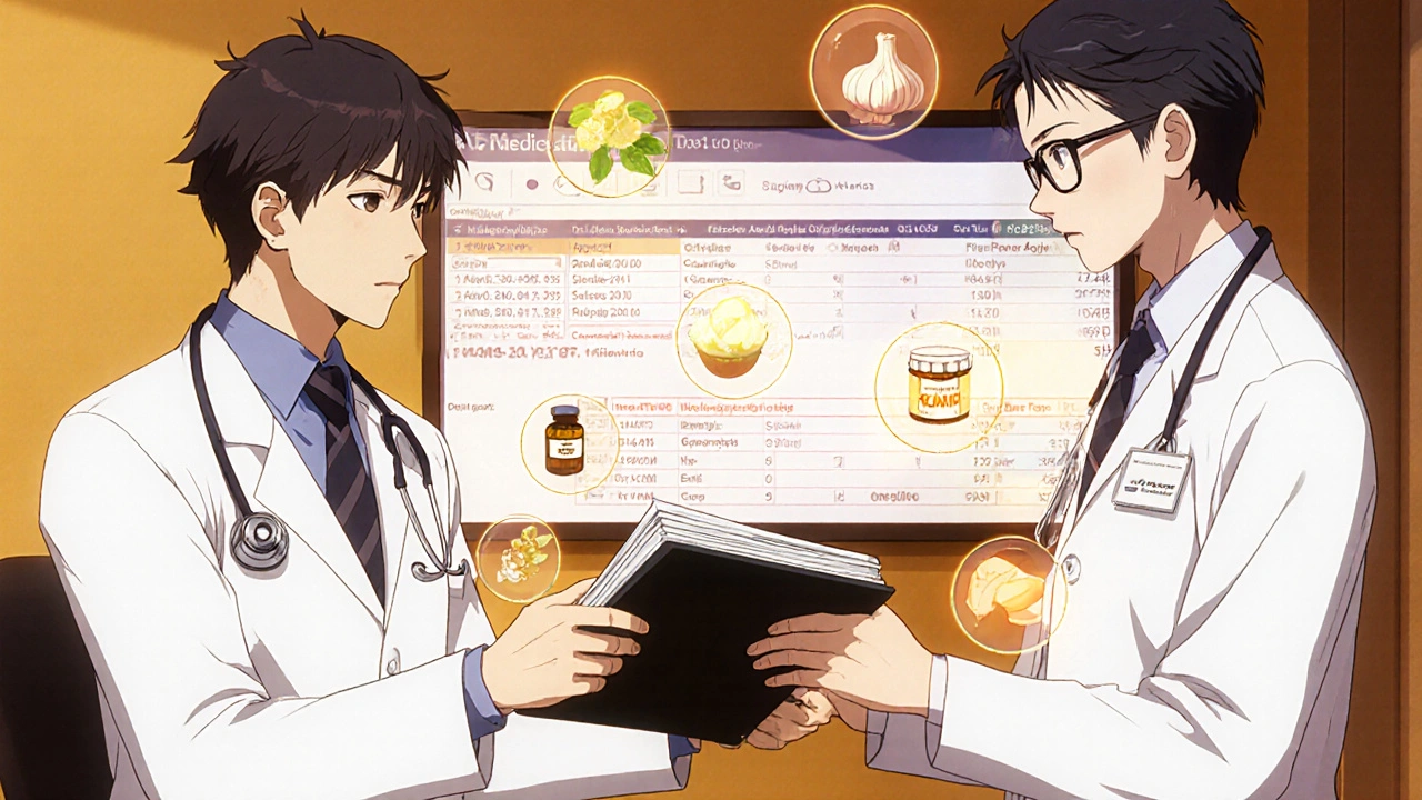 A patient hands a medication log to a pharmacist while digital drug interaction warnings glow in the background.