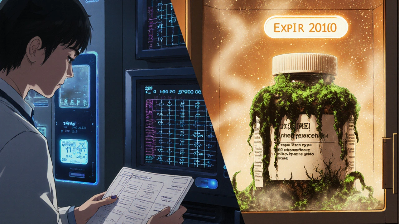 A pharmacist logging environmental data in a climate-controlled room versus the same medicine degrading in a steamy bathroom.