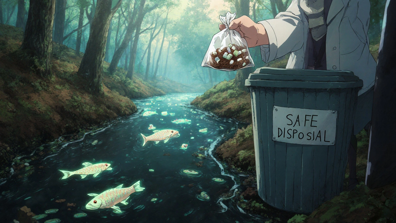 A polluted stream with sick fish, contrasted by a hand safely disposing of meds in trash, symbolizing environmental protection.