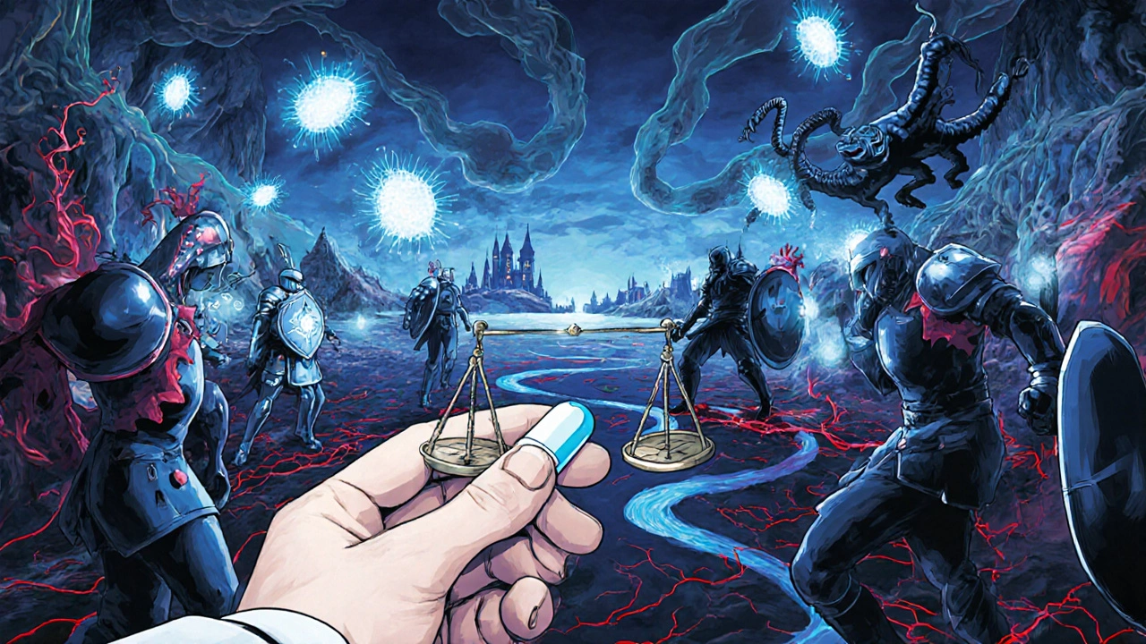 A surreal battle inside the body between immune cells and pathogens, with a doctor balancing pill and shield.