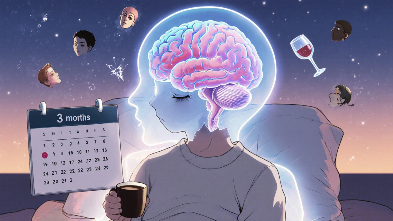 A tired person wakes up with a cracked, fading brain ghost behind them, representing long-term cognitive damage from nightly alcohol use.