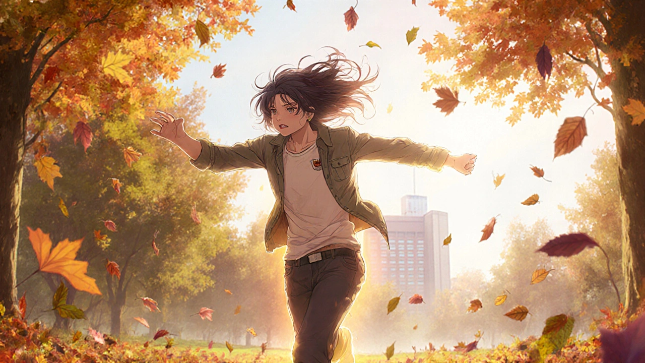A transplant recipient running happily through a park at sunrise, surrounded by falling leaves and a faint glow of renewed health.