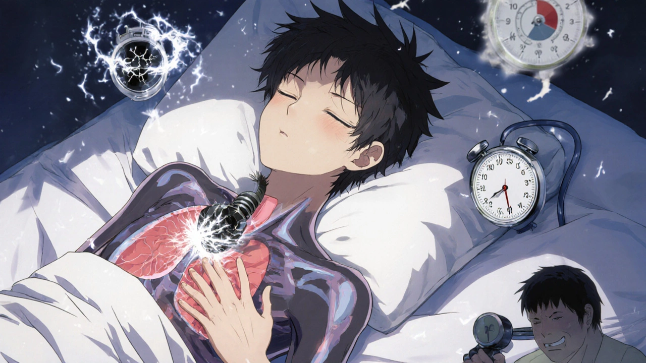 A young adult at night with a damaged heart surrounded by symbols of apnea, high blood pressure, and accelerated aging.