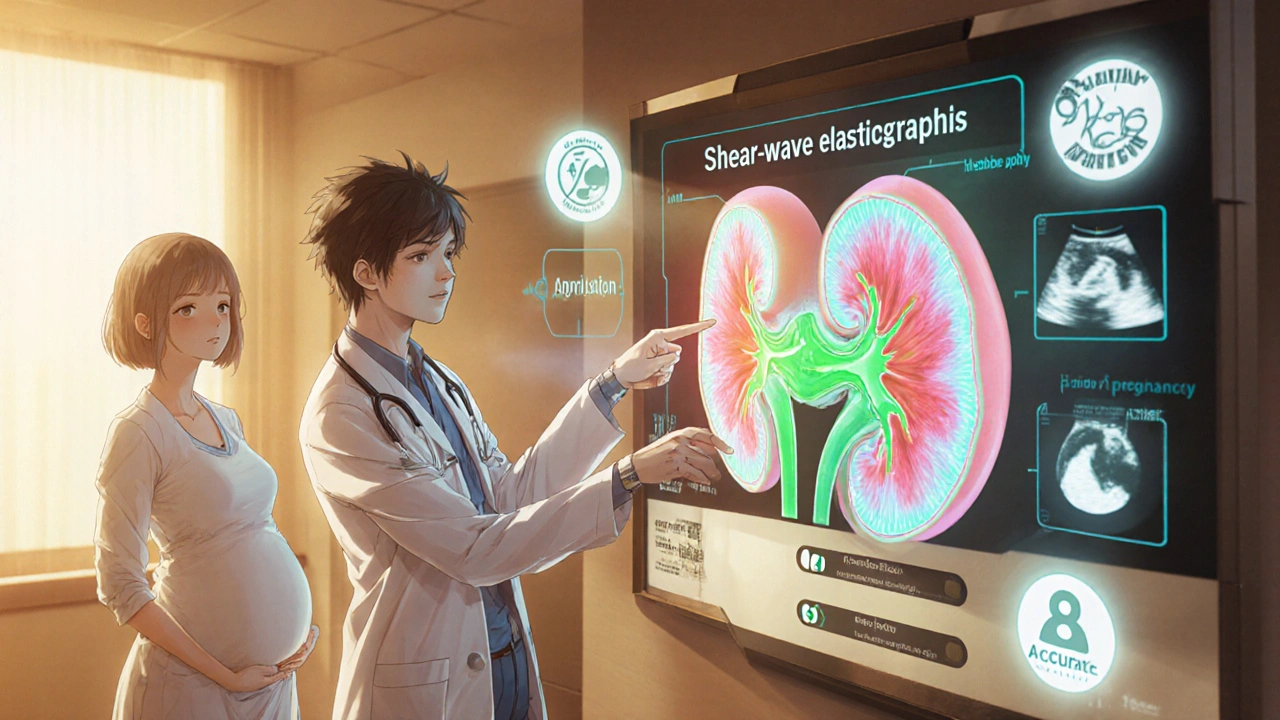 AI hologram displaying animated kidney with hydronephrosis grading and safety indicators during prenatal ultrasound.