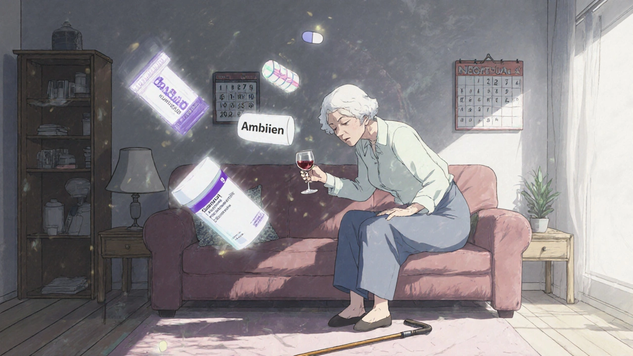 An elderly woman reaching for wine as sedative pills swirl around her, distorting her vision in a dimly lit room.