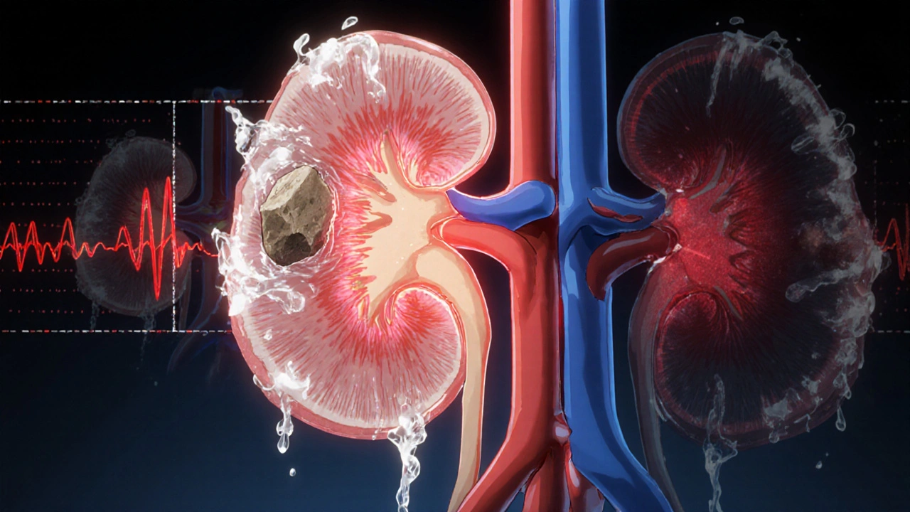 Cross-section of obstructed kidney with dilated pelvis and blocked ureter, highlighting high resistive index and tissue thinning.