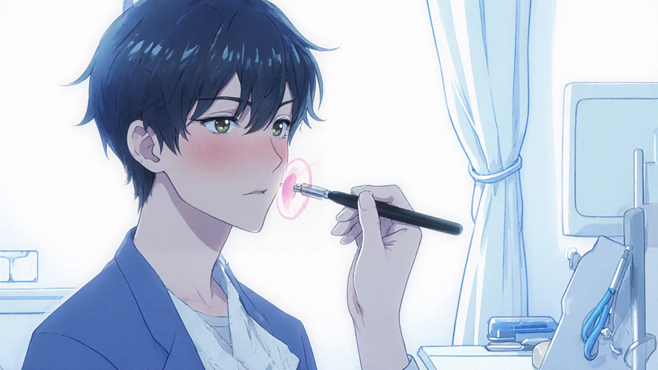 Dermatologist applying cantharidin to teen&#039;s skin in a clinical setting with privacy curtain.