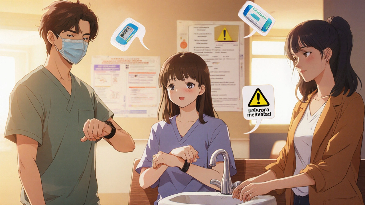 Diverse patients in a clinic, each with floating symbols of their medications and vaccines.