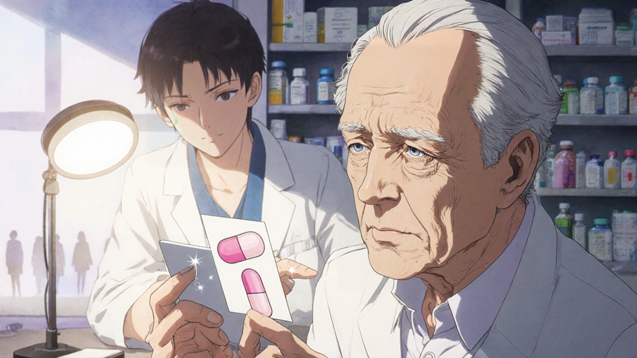 Elderly man examining a printed comparison of old and new pills with pharmacist nearby.