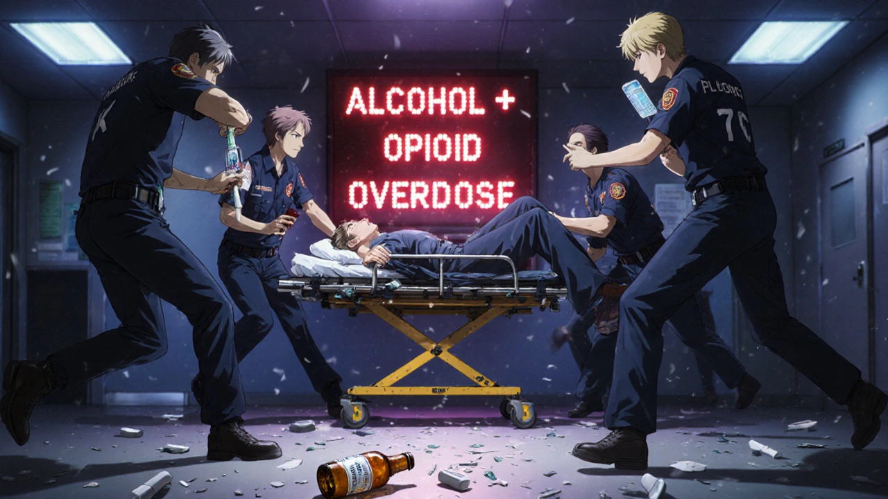 Emergency responders rush a patient in a hospital, with alcohol and opioid bottles on the floor behind them.