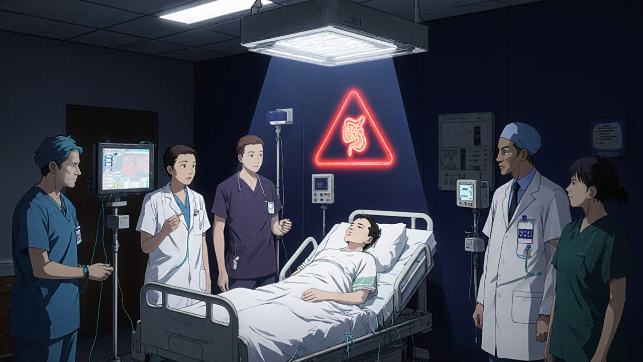 Emergency team treating patient with glowing organ warning icons