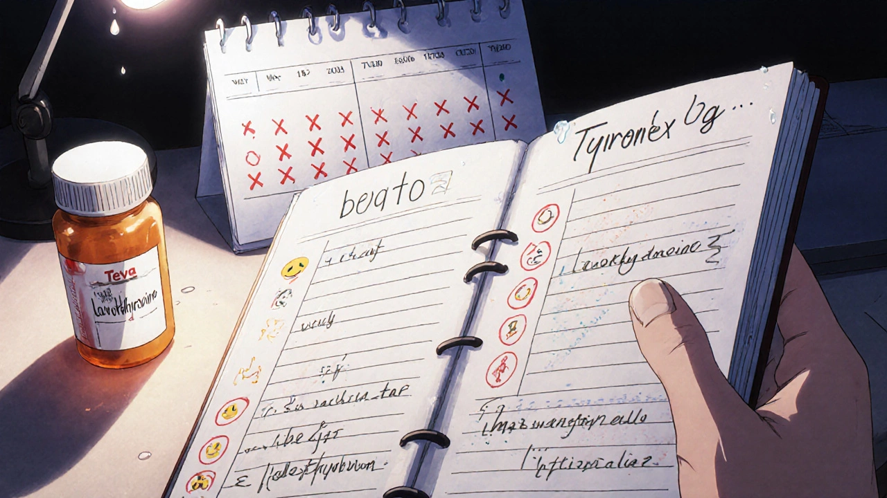 Hand flipping through a medication log notebook with handwritten notes and red switch markers, a pill bottle glowing softly nearby.