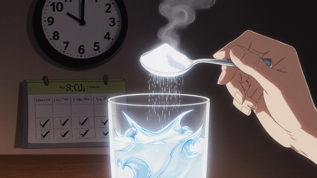 Hand pouring PEG powder into water with glowing hydration waves