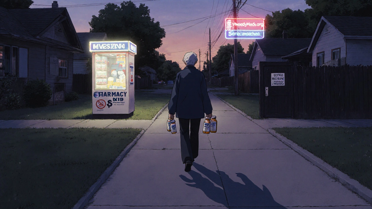 Lone person walking at dusk with pill bottles, two paths symbolizing help vs. eligibility gap.