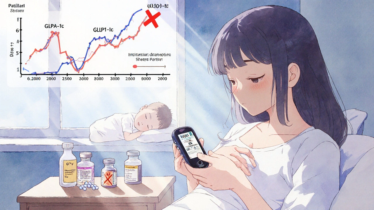 New mother breastfeeding with CGM, insulin safe, unsafe pills marked with X, baby sleeping.