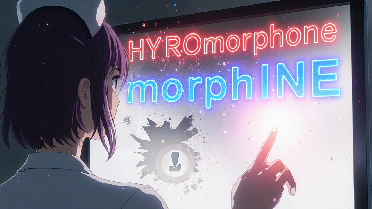 Nurse pointing at an EHR screen showing drug names in tall-man lettering with glowing emphasis on key differences.