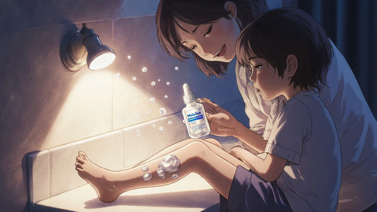 Parent applying topical cream to child&#039;s leg with molluscum bumps in warm bathroom light.