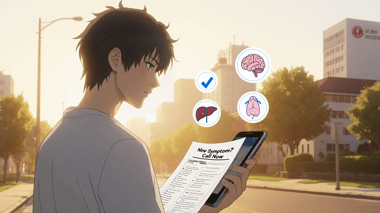 Patient holding irAE care plan at dawn with floating organ icons