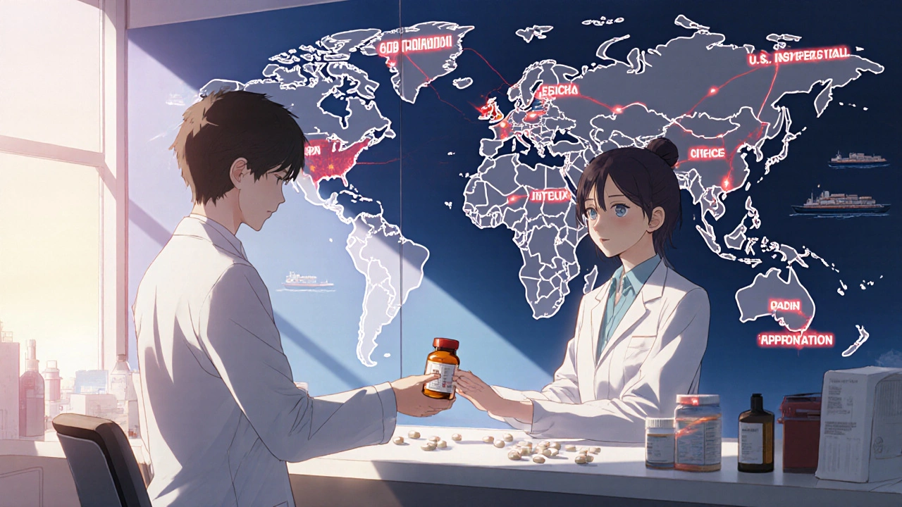 Patient receiving generic medication at pharmacy with global supply chain visible through glass wall