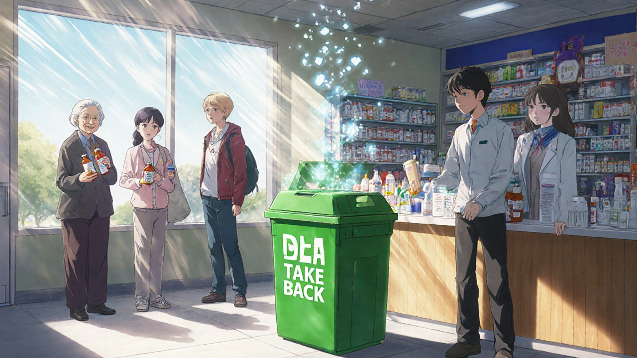 People dropping off unused prescriptions at a pharmacy take-back bin, with a pharmacist assisting calmly.