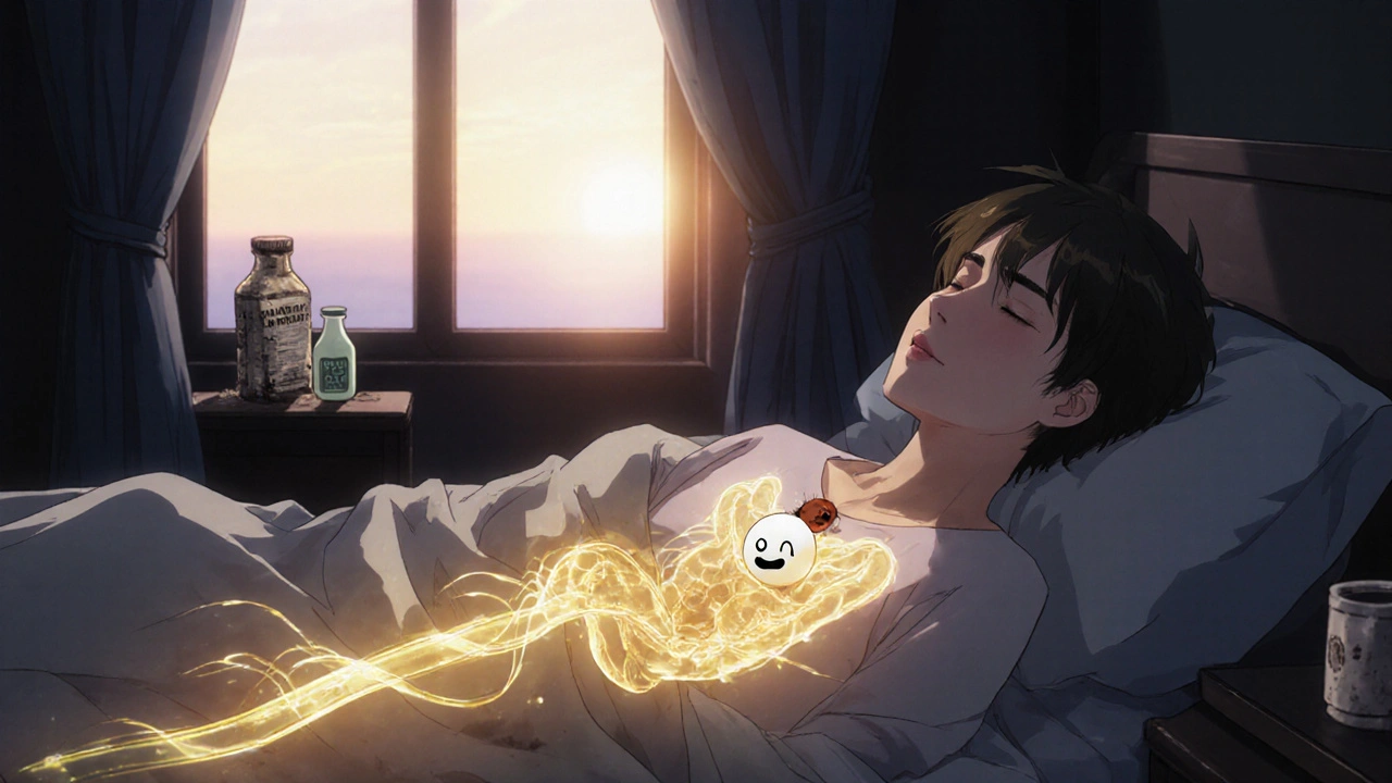 Person sleeping peacefully with glowing digestive pathway