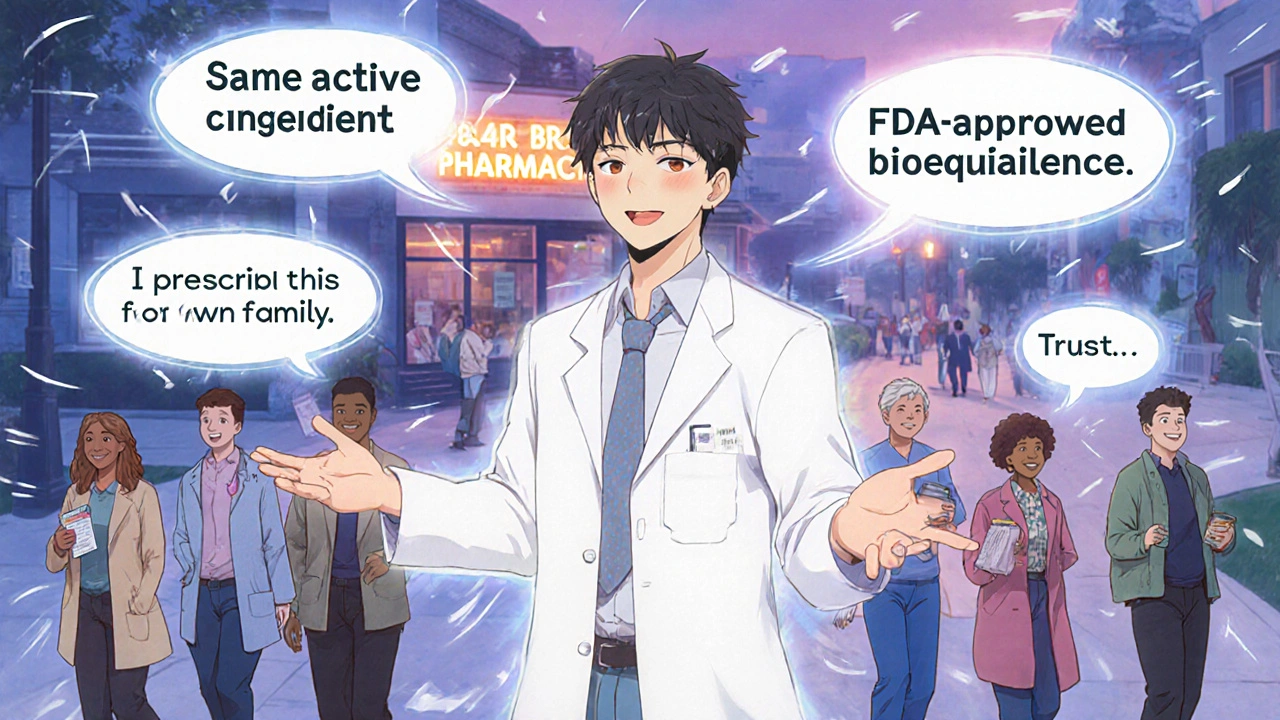 Pharmacist speaking with floating trust phrases around them as patients walk away smiling.