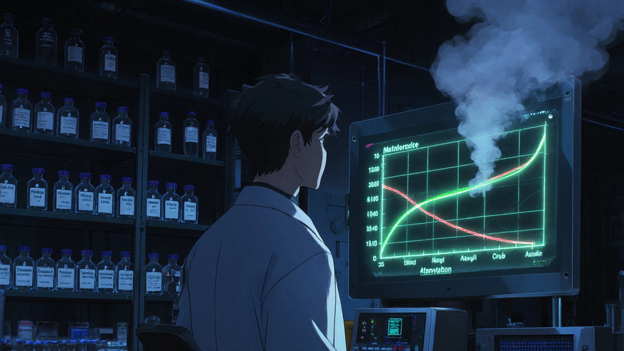 Scientist observing bioequivalence data curves in a high-tech FDA lab at night