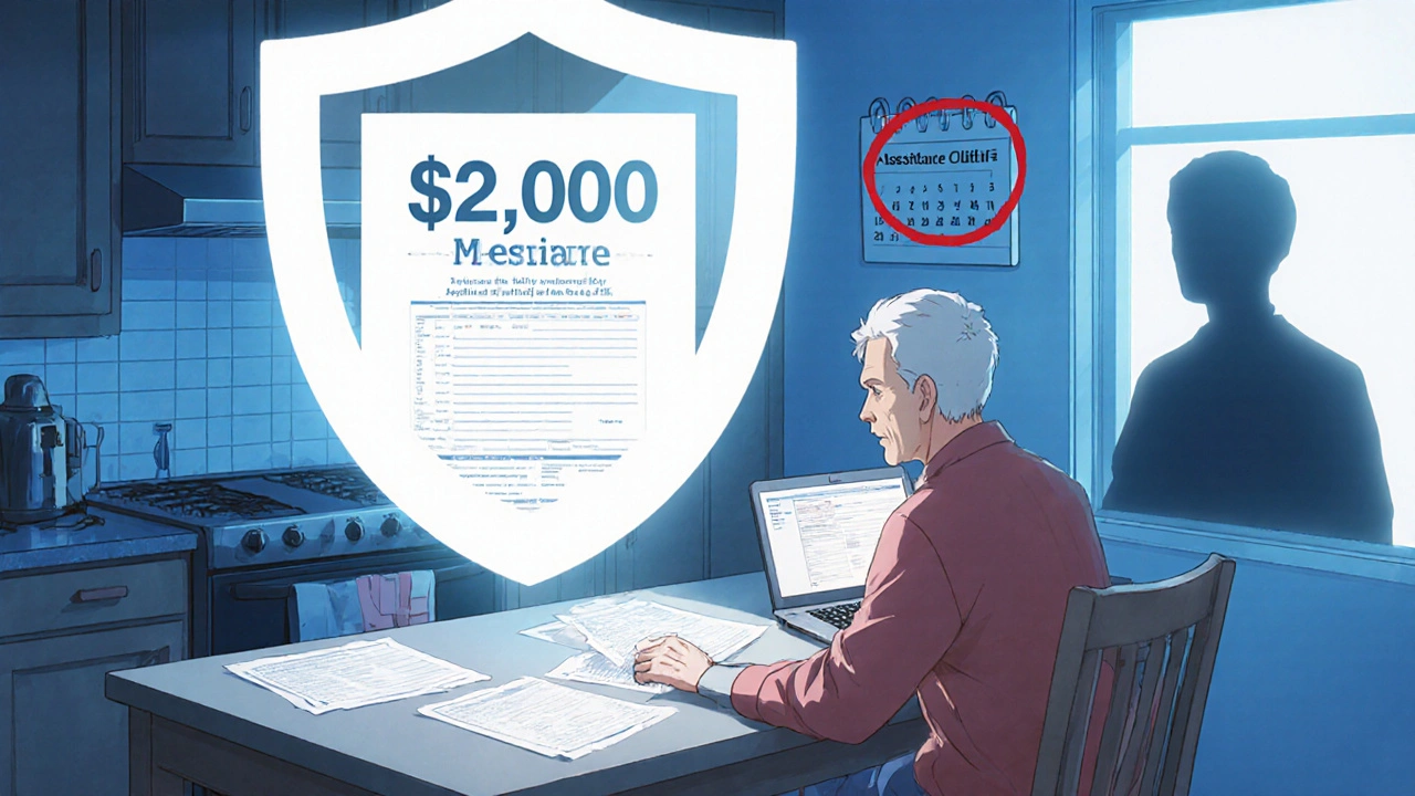 Senior at kitchen table with Medicare application and ,000 out-of-pocket cap glowing above.