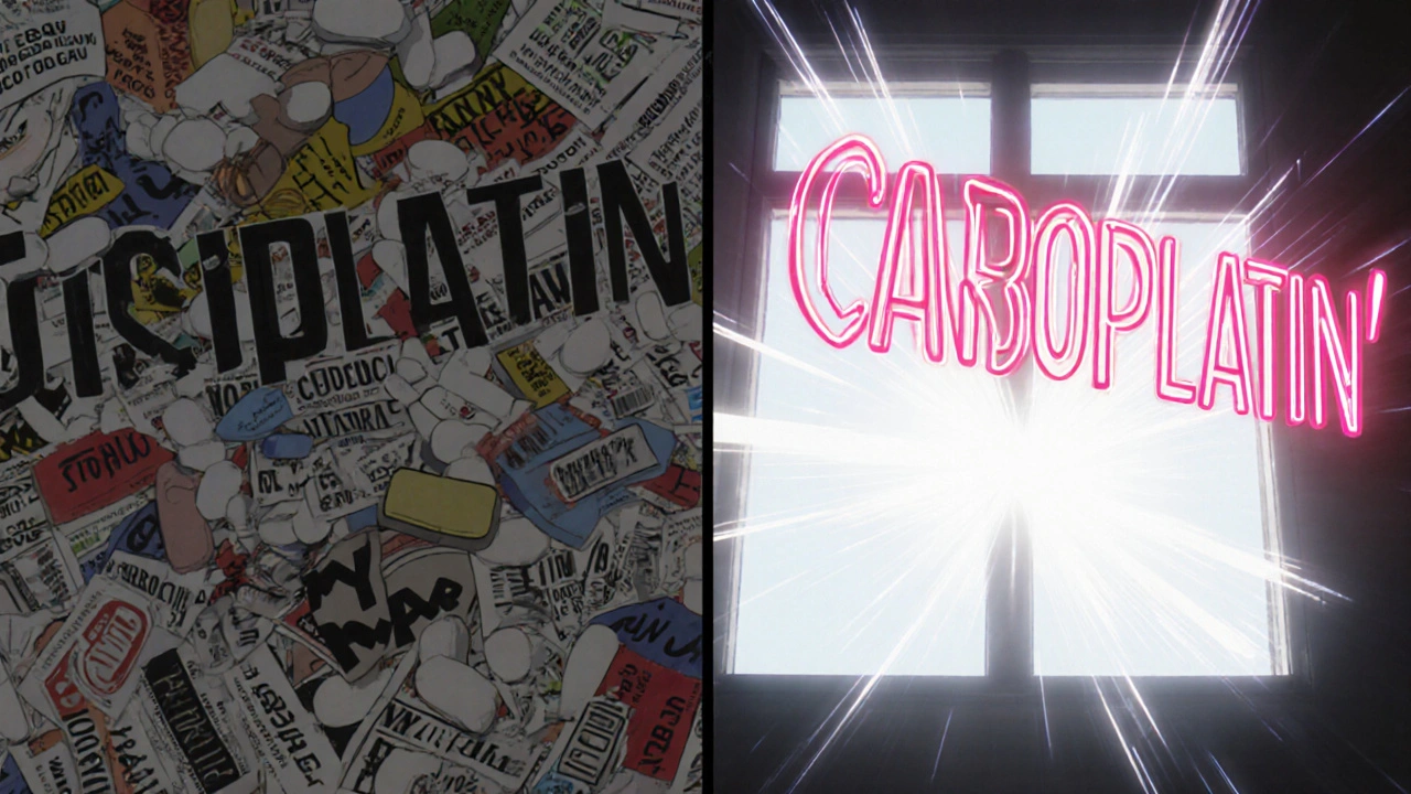 Split image: chaotic lowercase drug labels vs. clean, highlighted tall-man lettering for visual clarity.