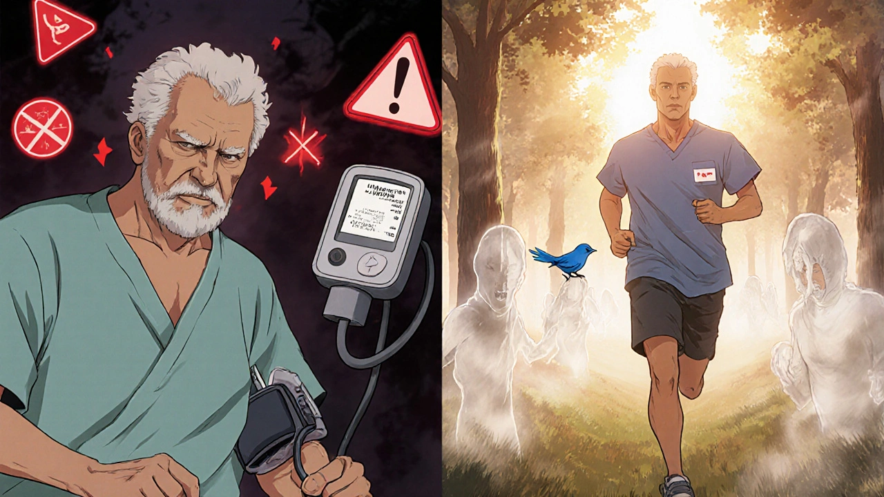 Split image: older man with dangerous blood pressure on left, same man jogging peacefully with Emsam patch on right at sunrise.