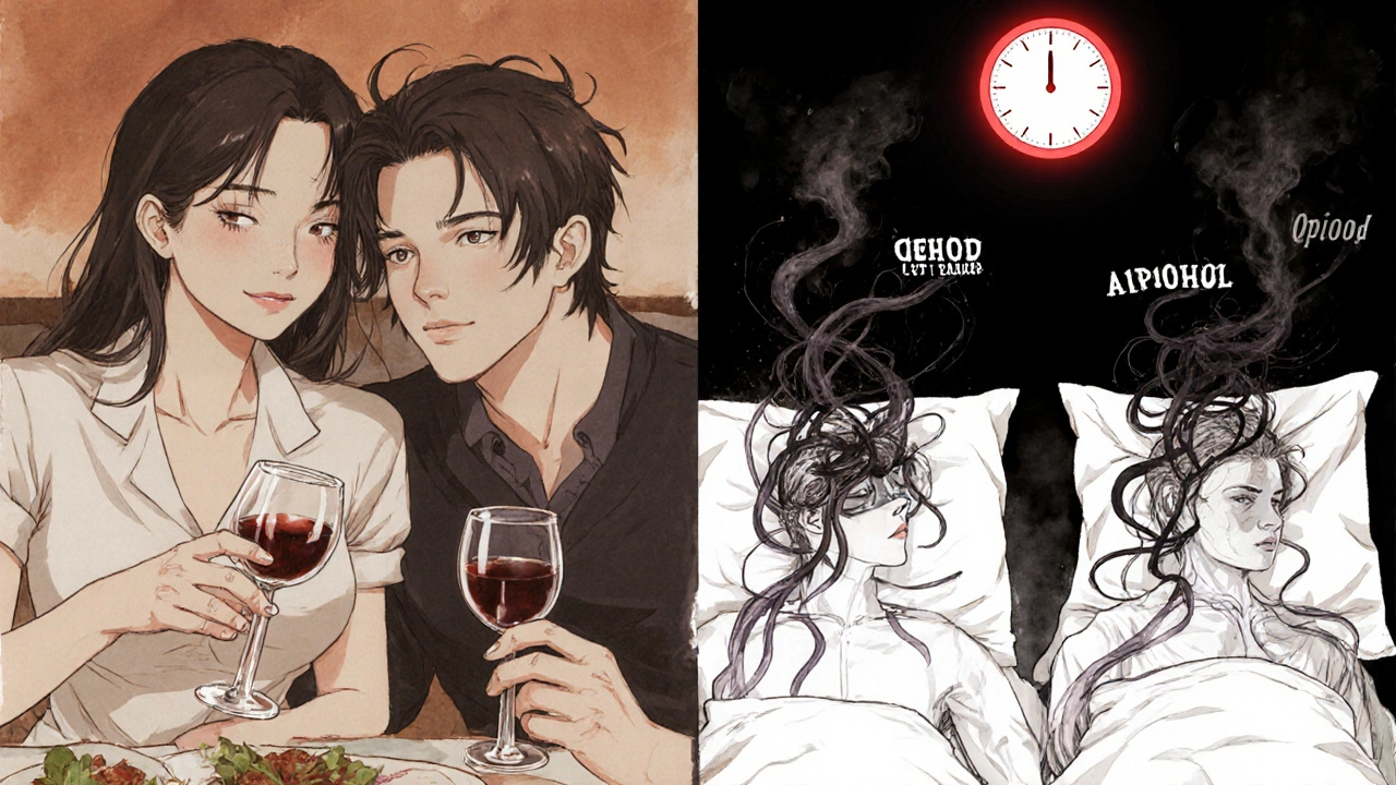 Split scene of a couple drinking wine versus lying lifeless, with dark smoke vines symbolizing deadly interaction.