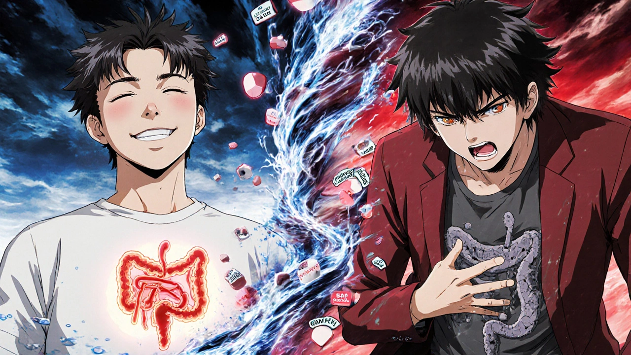 Split scene of a healthy transplant patient versus a suffering one, with generic pills swirling between them in a stormy sky.