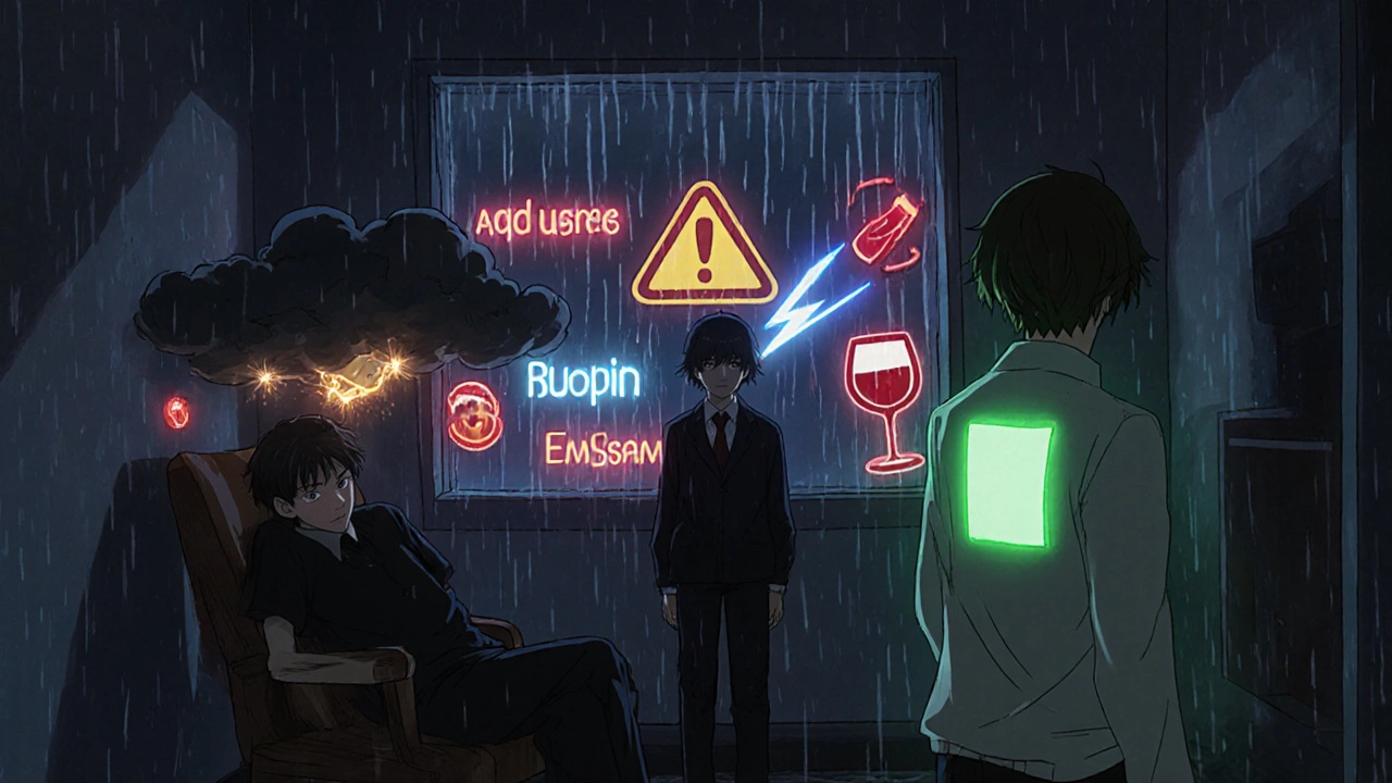 Three depressed individuals in therapy room, each representing different antidepressants, with symbolic food warnings and emotional auras.