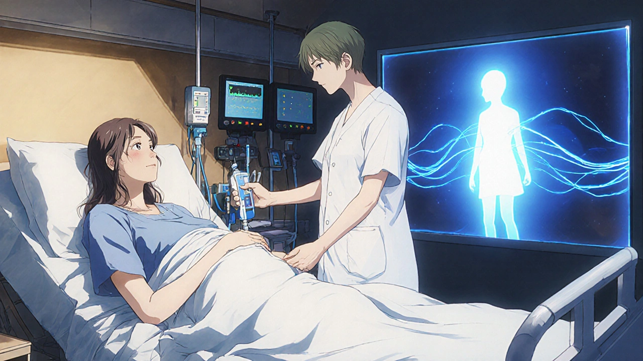 Woman in labor receiving IV insulin, monitor showing stable glucose, baby silhouette on screen.