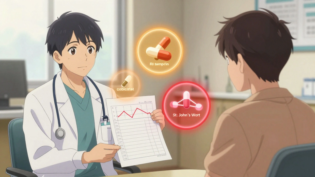 A clinician and patient reviewing a blood test with animated drug interaction overlays in a clinic.