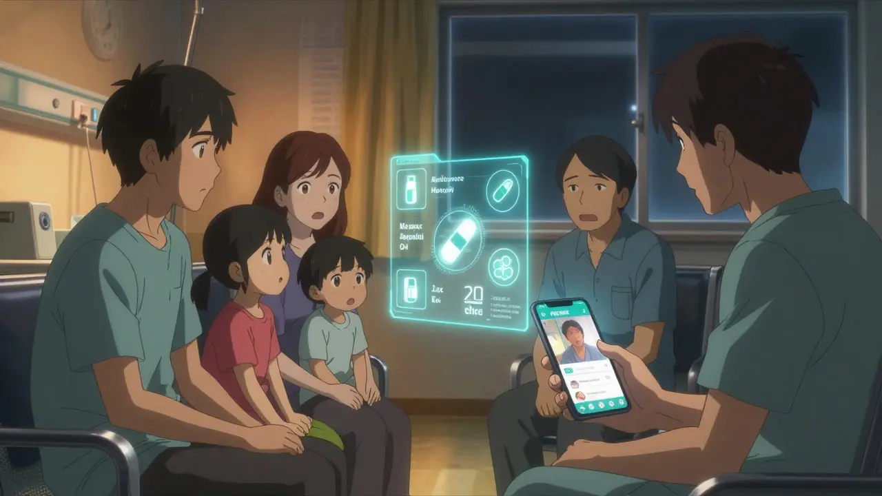 A family in a hospital waiting room with holographic medication icons floating between them, symbolizing conflicting treatment preferences.