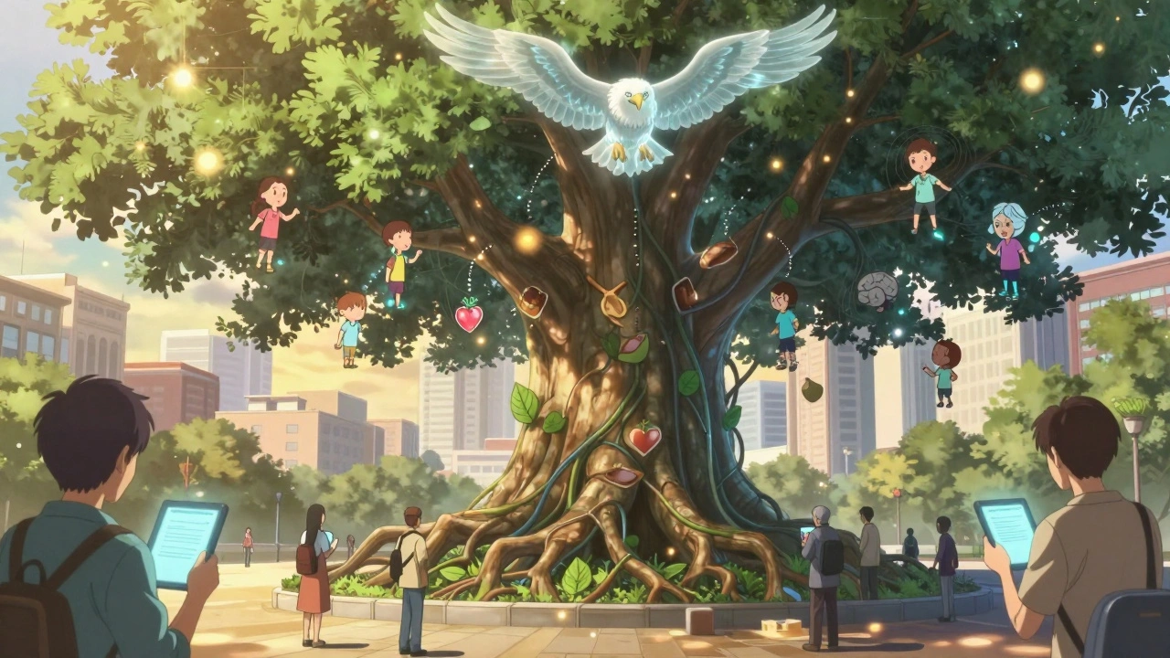 A giant data-tree in a city plaza, citizens submitting adverse event reports under a glowing FDA eagle.