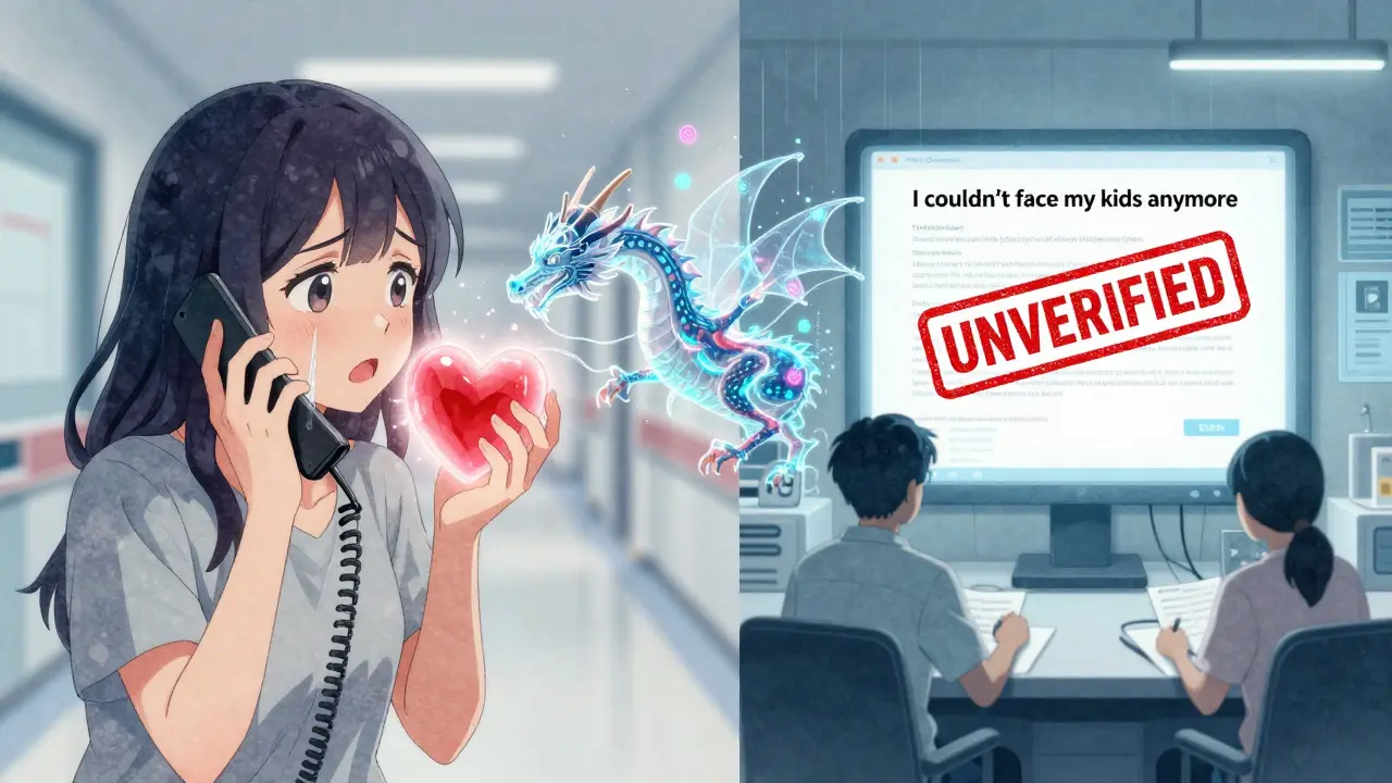 A patient's emotional confession contrasts with a sterile regulatory review, bridged by a data dragon symbolizing AI's role in pharmacovigilance.