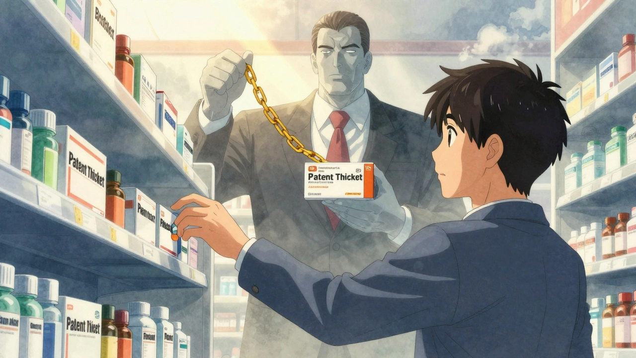 A patient reaching for a generic pill as a corporate figure holds a chain labeled &#039;Patent Thicket&#039;.