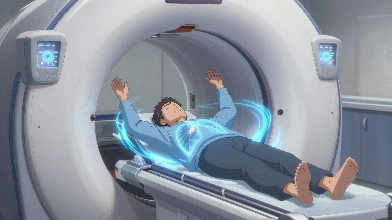 A patient undergoing a low-dose CT scan with a glowing lung nodule visible in the scan overlay.