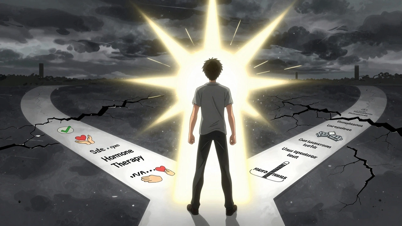 A person standing at a crossroads, one path safe and glowing, the other dark with warning symbols.