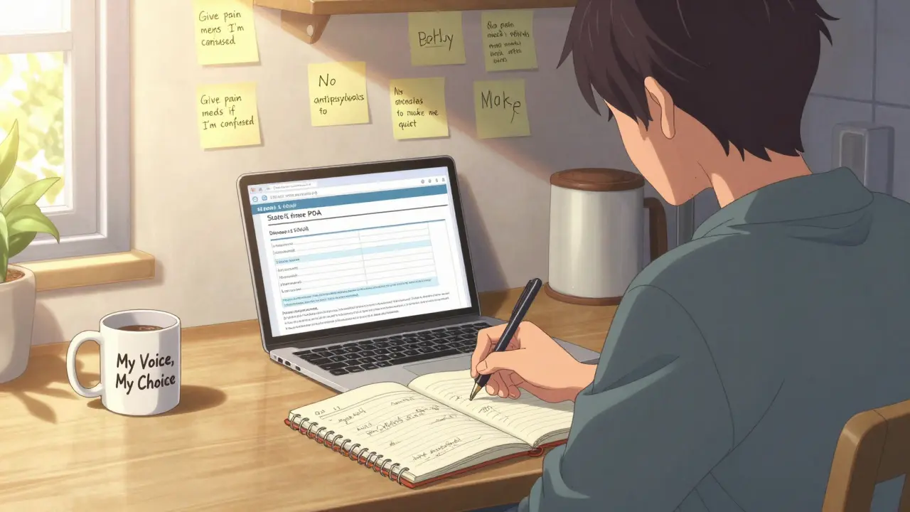 A person writing medication wishes at a kitchen table with sticky notes on the wall and a medical power of attorney form open on a laptop.