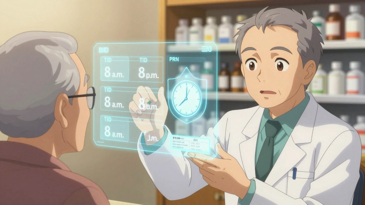 A pharmacist shows an elderly patient a digital visualization of correct medication timing with glowing time slots.