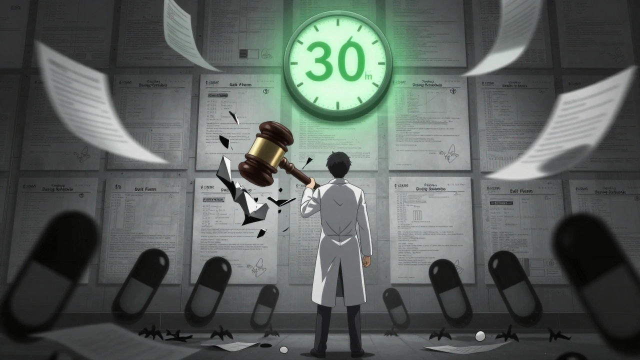 A wall of overlapping patents being challenged by generic drug icons, with a 30-month clock above.