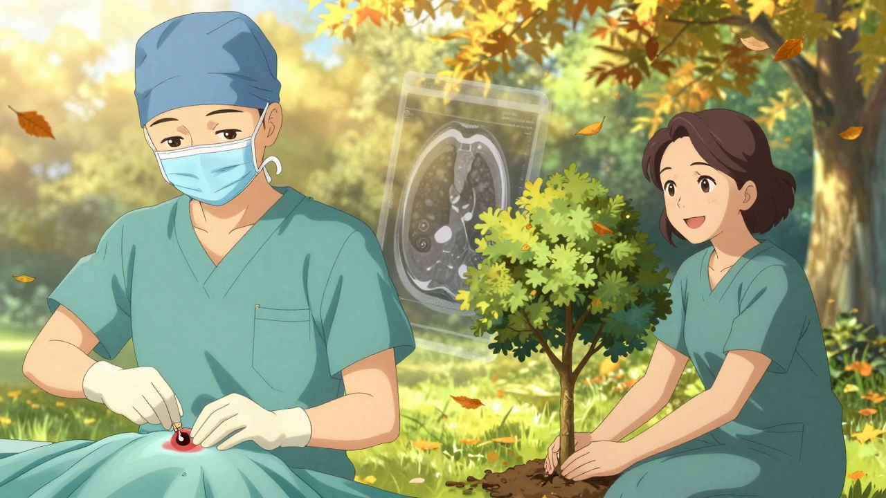 A woman who survived lung cancer now smiling while planting a tree in a peaceful park.