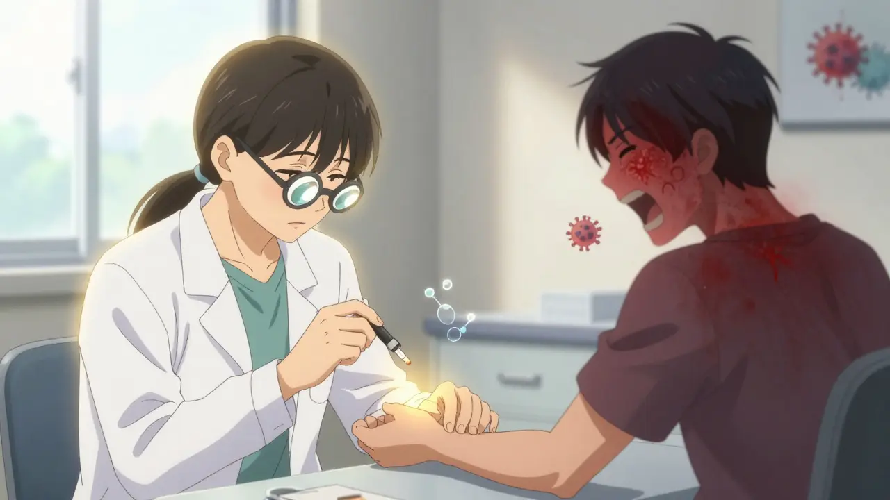 Allergist testing penicillin on patient’s arm with golden aura and no reaction, contrasting past illness.