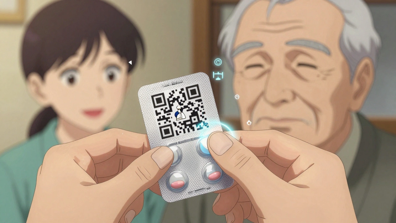 An elderly man using an easy-open blister pack with a glowing QR code playing a video explanation of his medication.