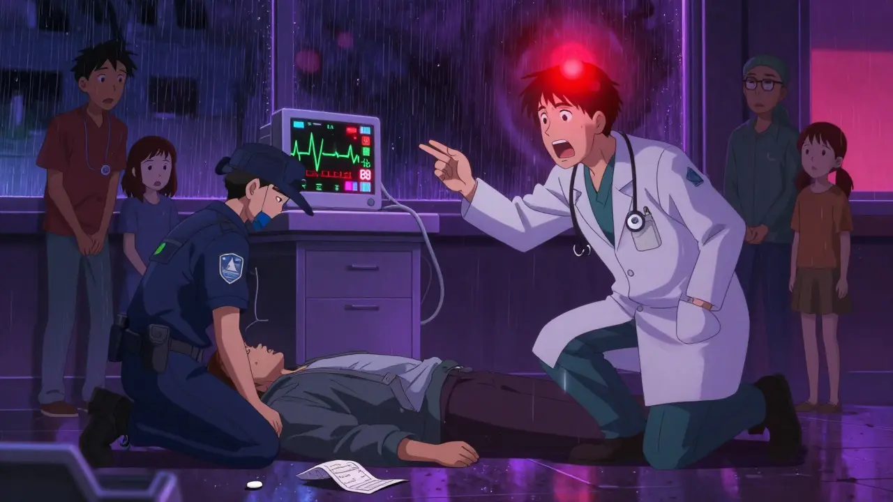 An emergency room scene with a patient on the floor, an ECG showing a dangerous heart rhythm, and medical staff rushing to help.